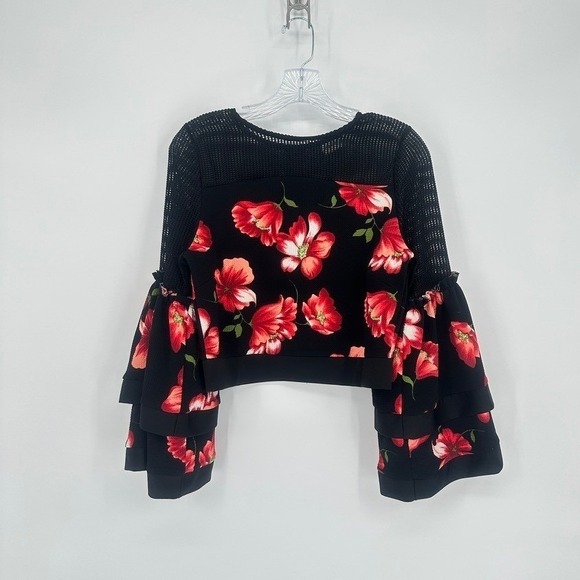 Impulse Black Red Floral Mesh Ruffle Sleeve Cropped Top Medium - Picture 14 of 16